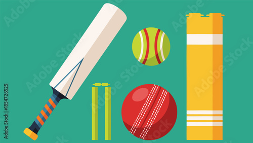 Cricket equipment set vector illustration on green background with bat, ball, wickets, and roll of tickets