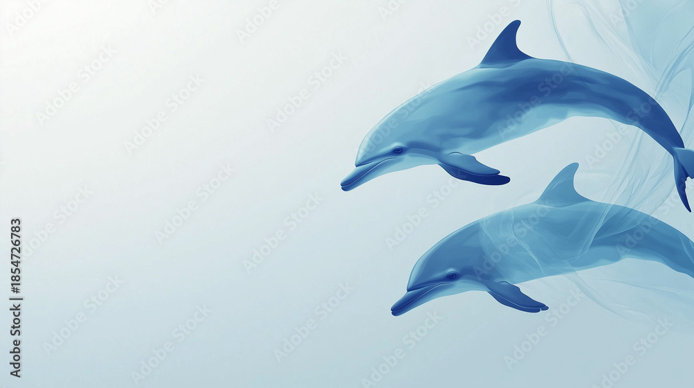 Obraz premium Two dolphins swimming gracefully in a serene blue ocean. The scene captures their sleek bodies and playful nature, showcasing marine life in a tranquil environment.