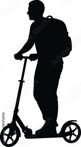 Black silhouette of a young man with a backpack riding a kick scooter isolated on white background, urban mobility vector