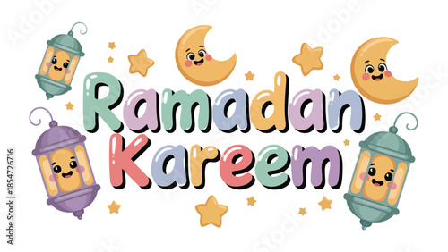 Ramadan Kareem: Illustrative Ramadan design featuring cheerful, whimsical elements like crescent moons, stars, and lanterns.