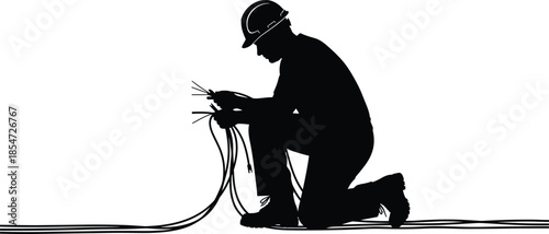 Black silhouette of an electrician kneeling and sorting through wires isolated on white background, electrical maintenance and installation vector illustration.