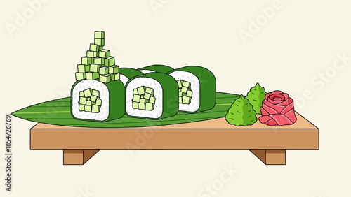 Fresh green sushi maki rolls with cucumber tower, served with wasabi and ginger