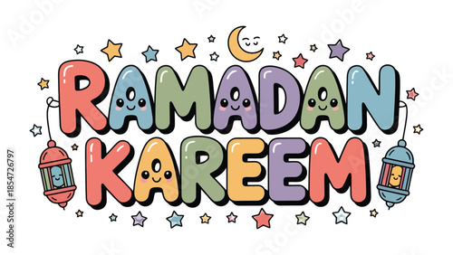 Ramadan Kareem: A vibrant illustration celebrating the holy month, featuring cheerful lettering adorned with lanterns, stars, and crescent moon, invoking the spirit of generosity.