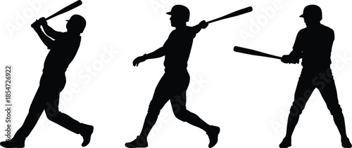 Baseball batter silhouettes sequence showing different swing stages, professional athlete hitting poses, dynamic sport action set isolated on white background