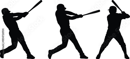 Baseball player silhouette sequence swinging bat, multiple action poses, dynamic sports motion concept, isolated black figures on white background