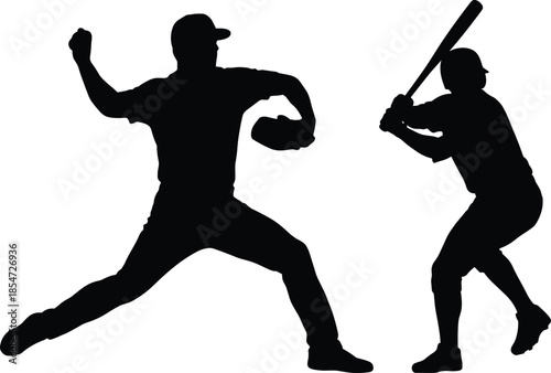Baseball pitcher and batter silhouettes facing each other, dramatic sport action duel, professional game moment concept isolated on white background