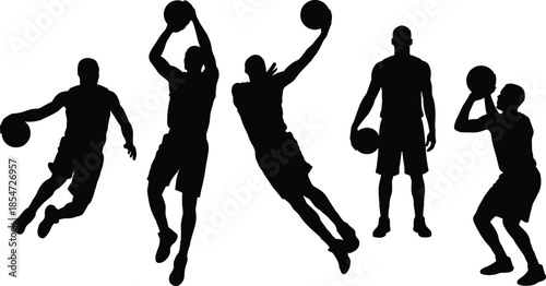 Basketball player silhouettes collection, with dribbling jumping shooting poses, isolated on white background for sports design vector illustration set poster
