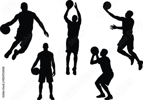 Basketball player silhouettes set featuring dribbling jumping shooting actions isolated on white background for sports vector illustration design collection poster