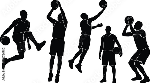 Basketball player silhouettes set showing dribbling jumping shooting actions isolated on white background for sports design illustration