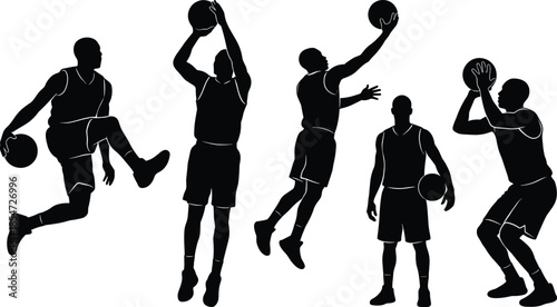 Basketball player silhouettes set showing dynamic action poses isolated on white background for sports design, fitness illustration and vector artwork use