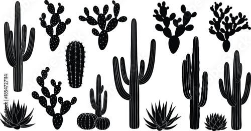 Black silhouette collection of desert cactus and succulents, saguaro and prickly pear set, mexican nature landscape, exotic botanical greenery, plants
