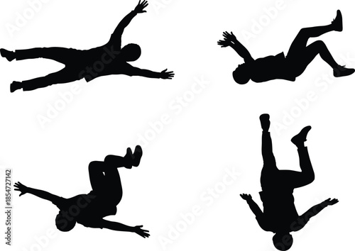 Black silhouette collection of men falling through the air, set of person jumping or tripping, accident, failure, skydiving, loss, motion