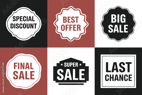 Collection of six distinct retail sale promotion badges including best offer last chance and final discount graphics for advertising