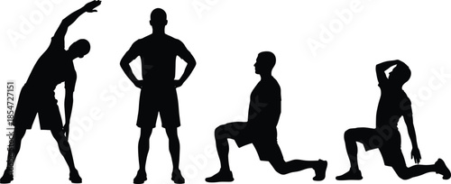 Black silhouette collection of men performing stretching and fitness exercises, athlete warming up for workout, sports health wellness training set