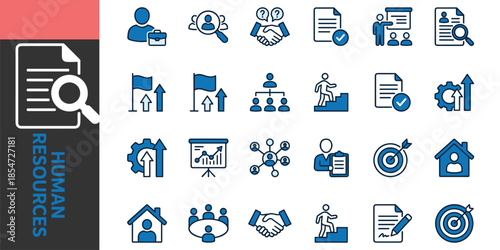 Business management and corporate strategy icon set illustrating leadership teamwork growth planning analytics organization success professional workflow concepts