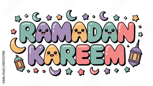 Ramadan Kareem: A vibrant and whimsical illustration captures the spirit of Ramadan Kareem with playful lettering, moons, stars, and lanterns. A delightful expression of blessings and festive cheer.