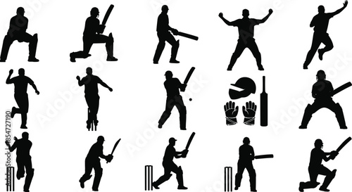 Black silhouette collection of professional cricket players, batsman bowler and fielder poses, sport competition equipment set, athlete team game match