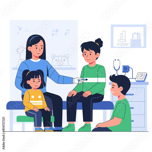 A female doctor or nurse checking a child's temperature with a thermometer, with two other children present in a pediatric clinic examination room.