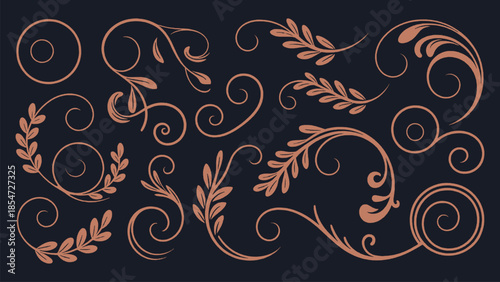 Elegant copper floral swirl and leaf vector elements set featuring antique baroque design perfect for wedding invitations and classic decor