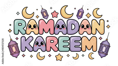 Ramadan Kareem: A vibrant cartoon illustration conveying the joy and spirit of Ramadan, featuring stylized lettering, crescent moons, lanterns, and stars. 