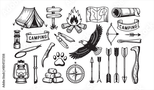 Vector illustration set of outdoor travel and wilderness exploration symbols in hand-drawn sketch design