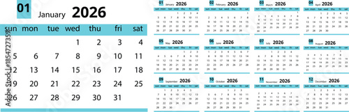 Vector illustration of annual calendars for the years 2026 showing months weeks and dates for planning and scheduling purposes