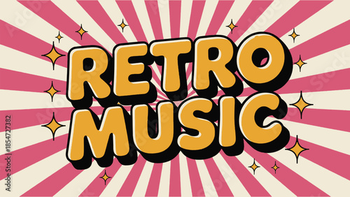Vibrant retro music graphic design featuring bold yellow text against a pink and cream sunburst background with sparkling accents