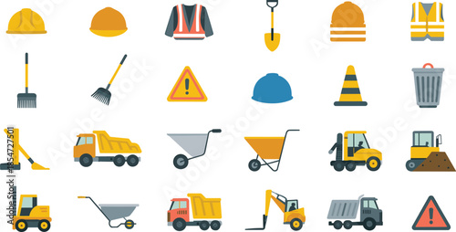 Construction equipment and safety icon set illustration, helmets tools vehicles warning signs, building site elements, modern flat design style