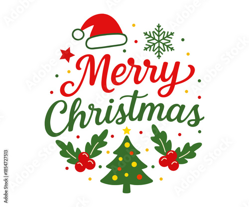 Merry Christmas T-Shirt Graphic, Cute Holiday Tree, Santa Hat, Snowflake & Festive Design for Boys and Girls