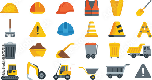 Construction equipment and safety icon set illustration, helmets tools vehicles warning signs, building site elements, modern flat design style