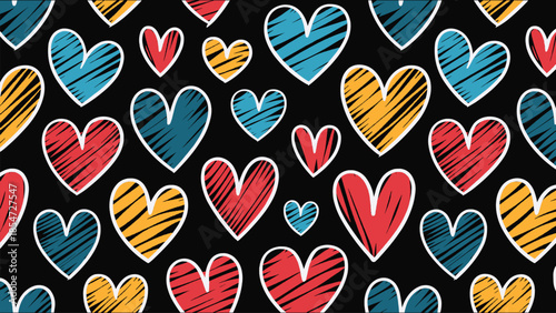 Seamless pattern of colorful hand drawn hearts with sketchy texture on a black background celebrating love and affection