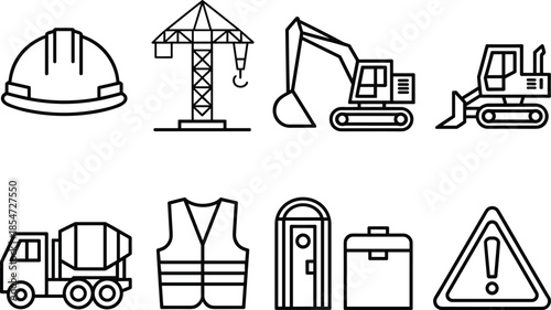 Construction line icons set, black and white outline symbols of safety helmet, crane, machinery, tools, industrial warning signs