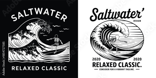 Surfing skeleton enjoying a big ocean wave design variation for apparel and graphic art projects