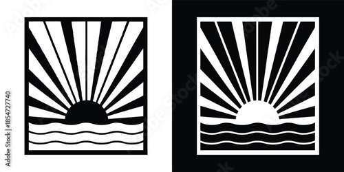 Black and white graphic design featuring a rising sunburst over stylized ocean waves in two contrasting square formats