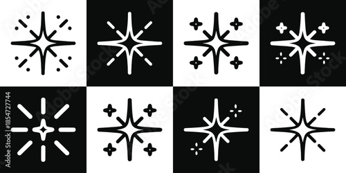 Collection of eight simple outline star sparkle and shine icons displayed in alternating black and white square backgrounds for design contrast