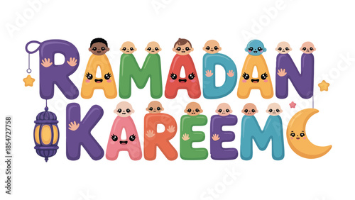 Ramadan Kareem: A vibrant and whimsical illustration announces the celebration of Ramadan Kareem, featuring a colorful array of letters adorned with charming characters and festive embellishments.