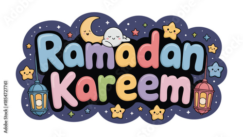 Ramadan Kareem: Celebrate the holy month of Ramadan with this cheerful design, featuring a crescent moon, stars, and lanterns. perfect for conveying festive greetings.