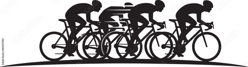 Fototapeta premium Vector illustration of a silhouette depicting an old bicycle and a motorcycling vehicle parked near a wrought iron fence, gate, and railing along a mountain travel road