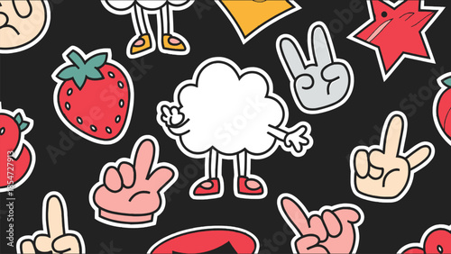 Vibrant seamless pattern featuring cute cartoon cloud stickers strawberries peace signs and hand gestures on a dark background