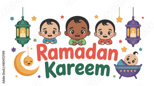 Ramadan Kareem: Cute cartoon babies celebrate the holy month of Ramadan with lanterns, stars, and crescent moons.