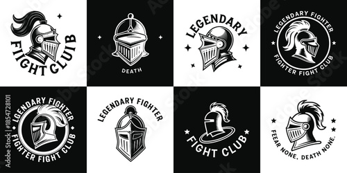 Collection of eight black and white vintage knight helmet emblems perfect for martial arts fight club or legendary warrior branding