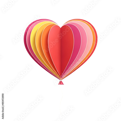 Colorful layered paper heart shape resembling a balloon on transparent background