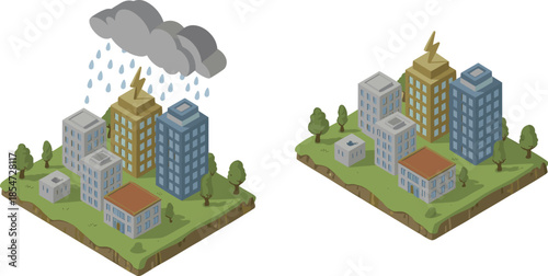 Isometric city weather illustration, stormy and clear urban landscapes comparison, rain clouds, lightning, climate impact, modern 3D city concept