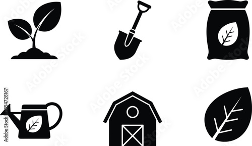 Set of Gardening and Agricultural Silhouette Icons Featuring Young Plants Shovels Fertilizers Watering Cans Barns and Leaves for Farming and Sustainability