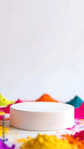 Happy Holi festival background for product display poster with white podium and colorful holi powder splash on clean studio scene