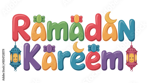 Ramadan Kareem Illustration: Colorful illustration for the holy month of Ramadan. Featuring festive lanterns and crescent moon.