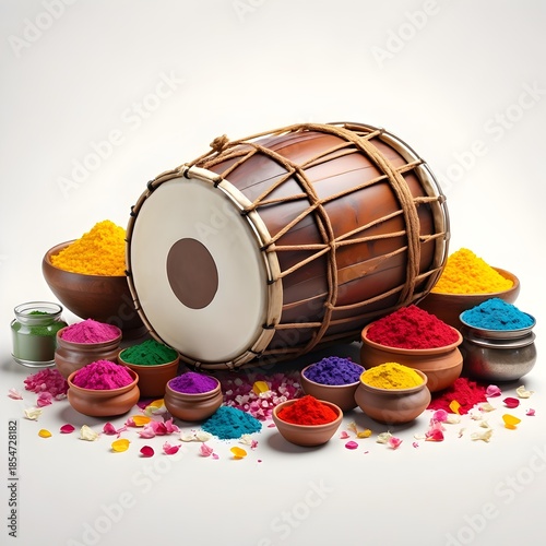 Happy Holi festival background with realistic dhol drum and pots of colorful gulal powder isolated on white for poster