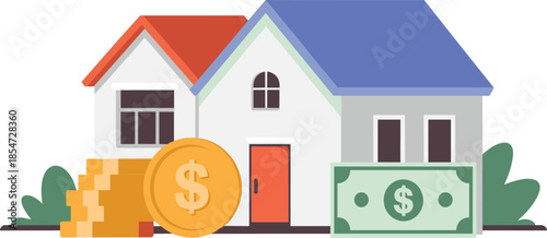 Real estate investment illustration, residential houses with money coins and cash, property value growth, mortgage finance concept, modern flat design