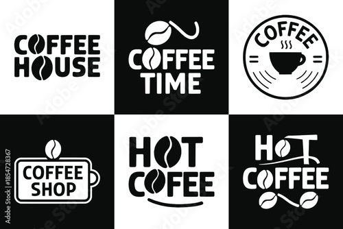 Collection of six black and white coffee shop logos and badges featuring stylized text and coffee bean iconography perfect for branding