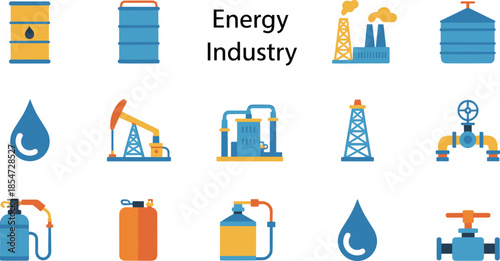 Energy industry flat icon set illustration, oil gas equipment, barrels, pipelines, refinery symbols, industrial power production, modern clean design